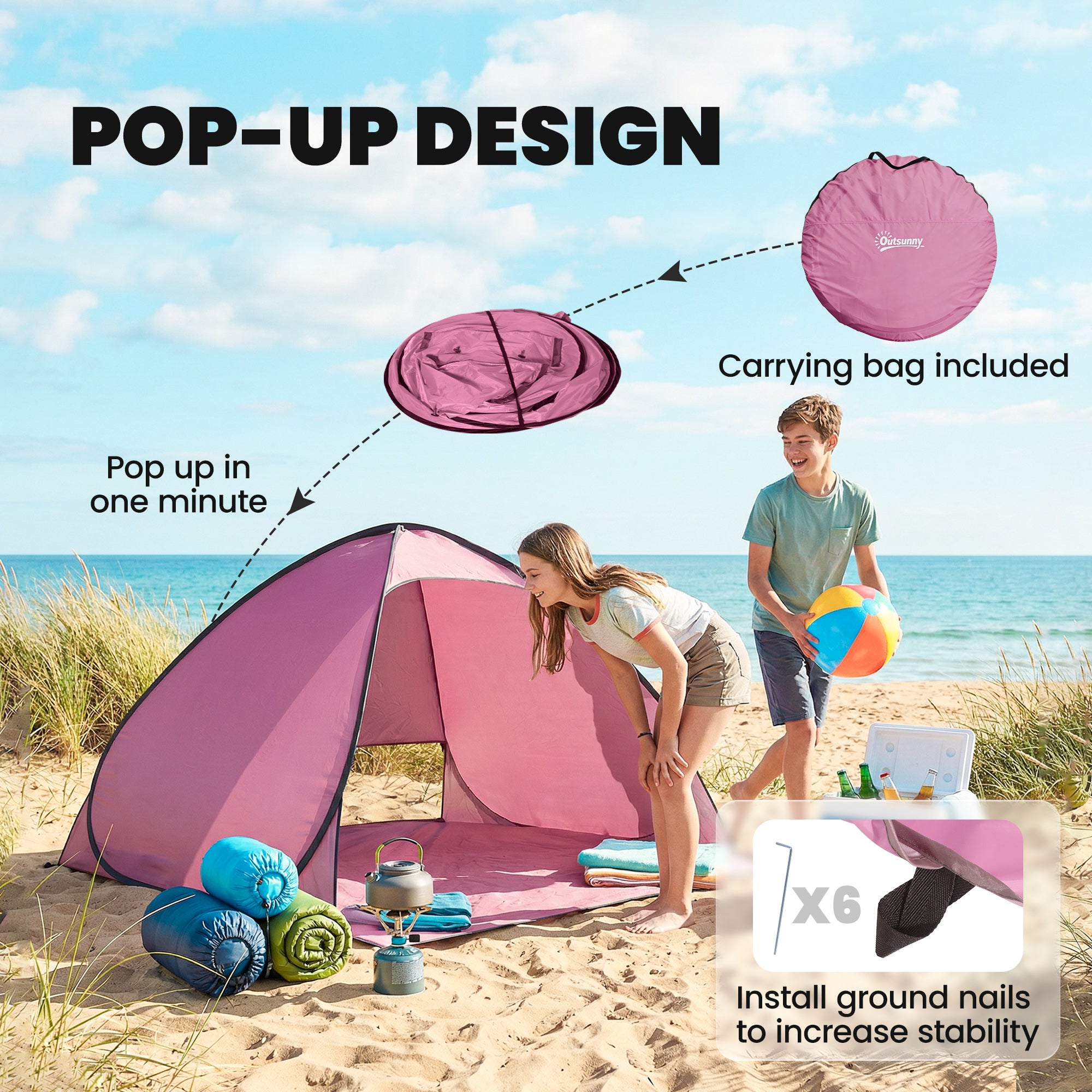 Outsunny Pop up Beach Tent, UV 50+ Sun Shelter with Carry Bag, 2x1.5m for 2-3 Person, Pink 