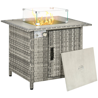 Outsunny Outdoor PE Rattan Gas Fire Pit Table, Patio Square Propane Heater with Rain Cover, Glass Windscreen, and Lava Stone, 50,000 BTU, Grey 