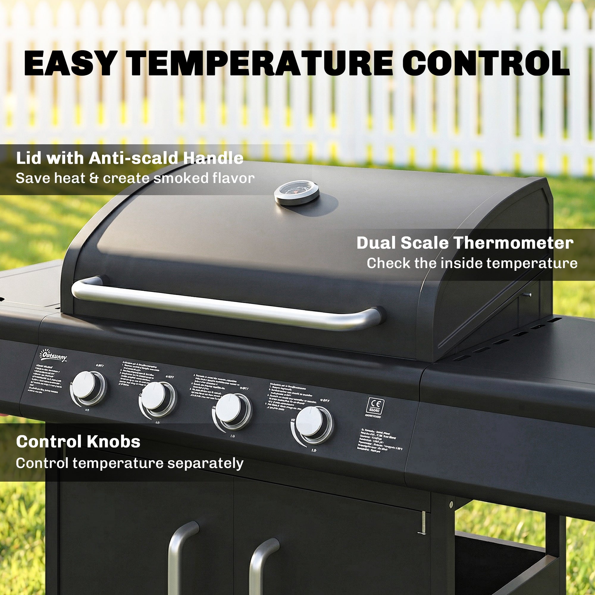 Outsunny 4+1 Burner Gas BBQ Grill with Storage Cabinet, 15.2 kW Gas Barbecue Trolley with Side Table, 4 Wheels, Warming Rack 