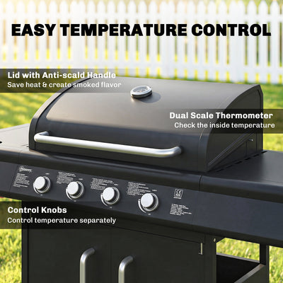 Outsunny 4+1 Burner Gas BBQ Grill with Storage Cabinet, 15.2 kW Gas Barbecue Trolley with Side Table, 4 Wheels, Warming Rack 