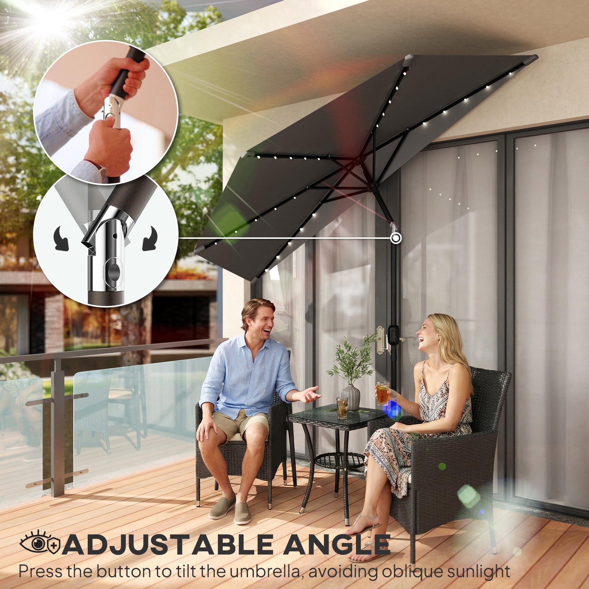 Outsunny 2.6 m Half Garden Parasol with Solar LED Lights, UPF50+ Semi Round Umbrella with 30° Tilt, Crank Handle, Dark Grey 