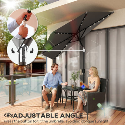 Outsunny 2.6 m Half Garden Parasol with Solar LED Lights, UPF50+ Semi Round Umbrella with 30° Tilt, Crank Handle, Dark Grey 