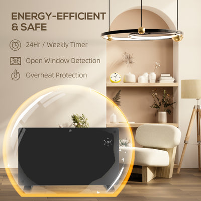 HOMCOM Electric Heater Wifi Smart App, 1500W Glass Panel Heater Radiator, Freestanding or Wall Mounted Convector Space Heater with LED Display, 24Hr 7 Day Timer, Adjustable Thermostat, Remote Control 