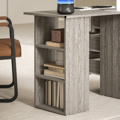 HOMCOM Computer Desk, Writing Table, PC Workstation with 3 Storage Shelves and Drawers, Silver Handle, for Home Office, Grey 