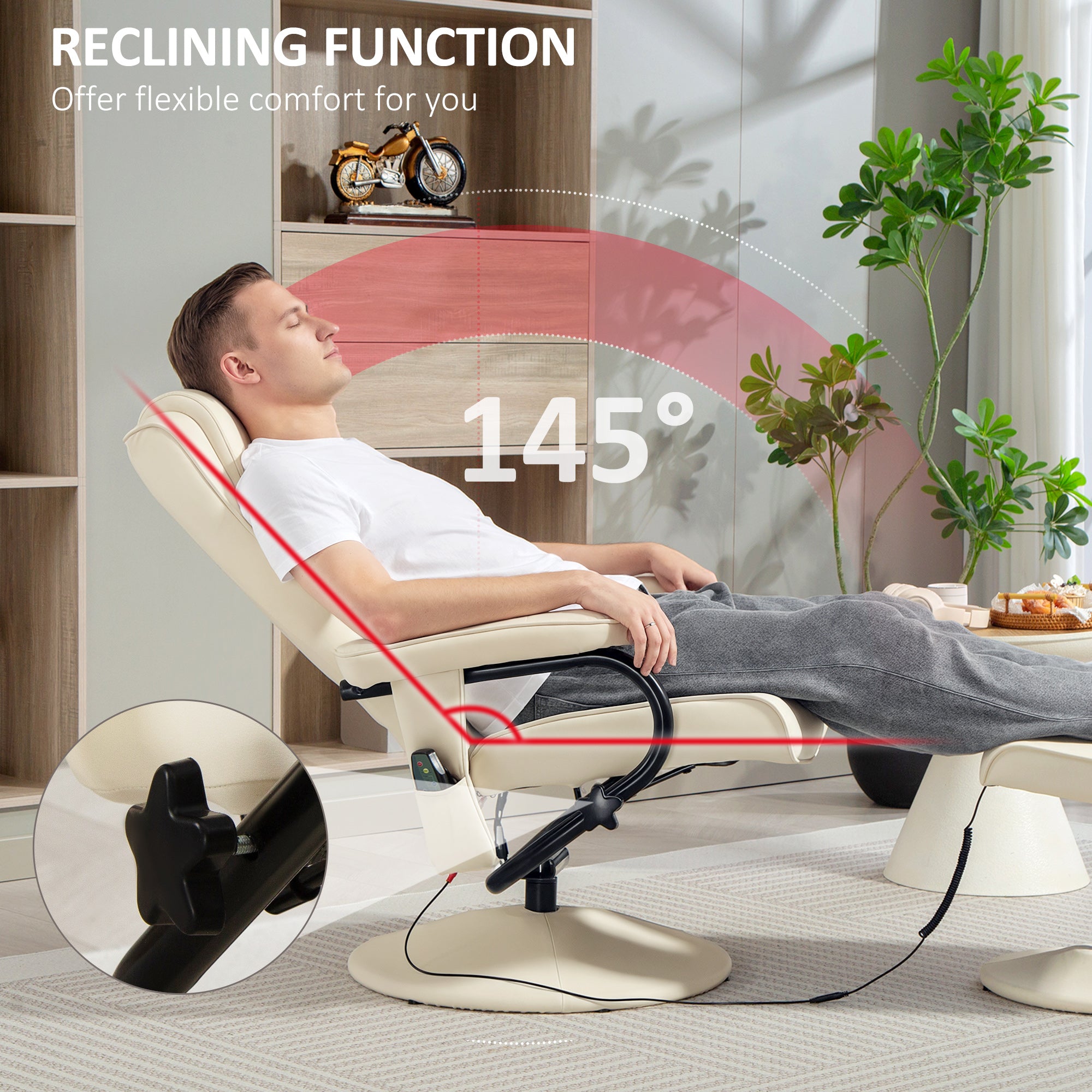 HOMCOM Swivel Recliner Chair and Footstool, Faux Leather Massage Recliner Armchair with Remote Control and Round Wrapped Base, Cream White