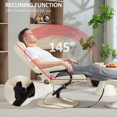 HOMCOM Swivel Recliner Chair and Footstool, Faux Leather Massage Recliner Armchair with Remote Control and Round Wrapped Base, Cream White 