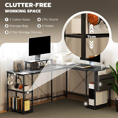 HOMCOM 168cm Reversible L Shaped Desk, Industrial Corner Computer Desk with Adjustable Shelf and Storage Bag, 240cm 2 Person Desk with Monitor Stand, Black 