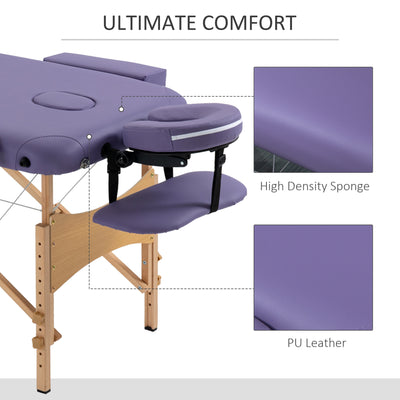 HOMCOM Portable Massage Bed, Folding Spa Beauty Massage Table with 2 Sections, Carry Bag and Wooden Frame, Purple 