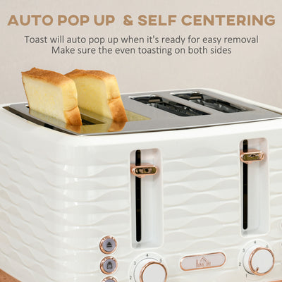 HOMCOM Kettle and Toaster Sets, 3000W 1.7L Rapid Boil Kettle & 4 Slice Toaster with 7 Browning Controls, Defrost, Reheat and Crumb Tray, Otter thermostat, Cream White 