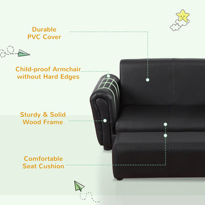 HOMCOM Kids Sofa Bed Kids Twin Sofa Toddler Chair 2 Seater Kids Twin Sofa Chair Boys Girls Couch w/ Footstool (Black) 