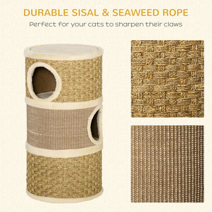 PawHut Cat Scratching Barrel Kitten Tree Tower for Indoor Cats Pet Furniture Climbing Frame Covered with Sisal and Seaweed Rope Cozy Platform Soft Plush 