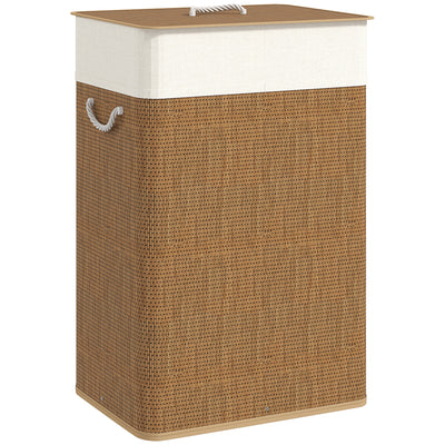 HOMCOM Bamboo Laundry Basket with Lid, 72L Laundry Hamper with Rope Handles, Washing Basket with Removable Washable Liner Bag for Bathroom, Bedroom, Brown 