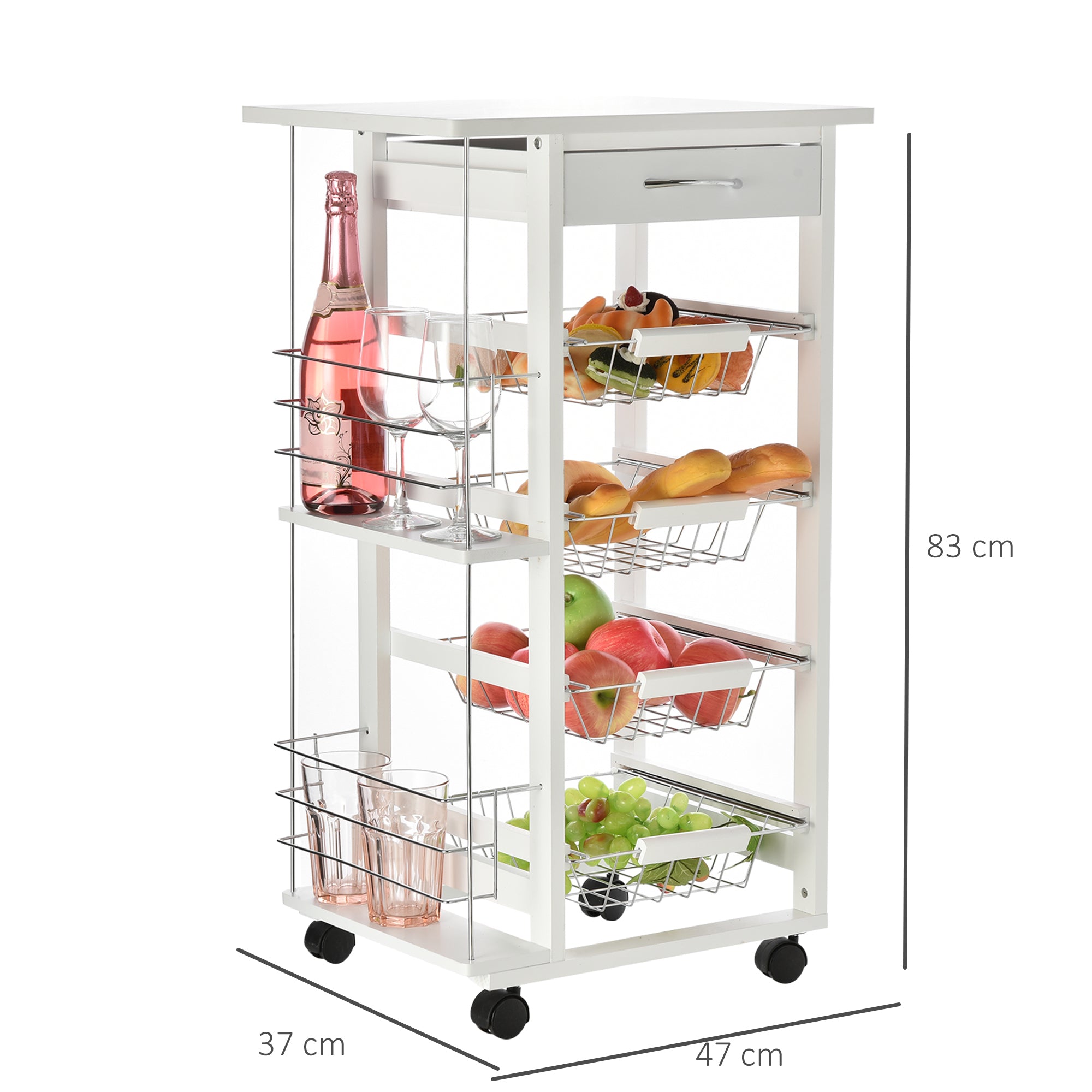 HOMCOM Rolling Kitchen Cart, Utility Storage Cart with 4 Basket Drawers & Side Racks, Wheels for Dining Room, White 