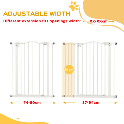 PawHut Pressure Fit Dog Stair Gate No Drilling Safety Gate Auto Close for Doorways, Hallways, 74-94cm Adjustable, 94cm Tall, White 