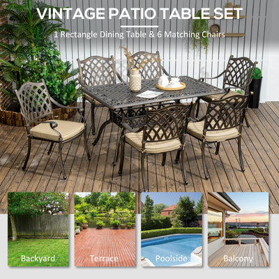 Outsunny 7 PCs Garden Patio Dining Set with Parasol Hole, Cast Aluminium Outdoor Furniture Set with Six Cushioned Chairs and Rectangle Dining Table, for Garden, Lawn, Deck, Bronze Tone 
