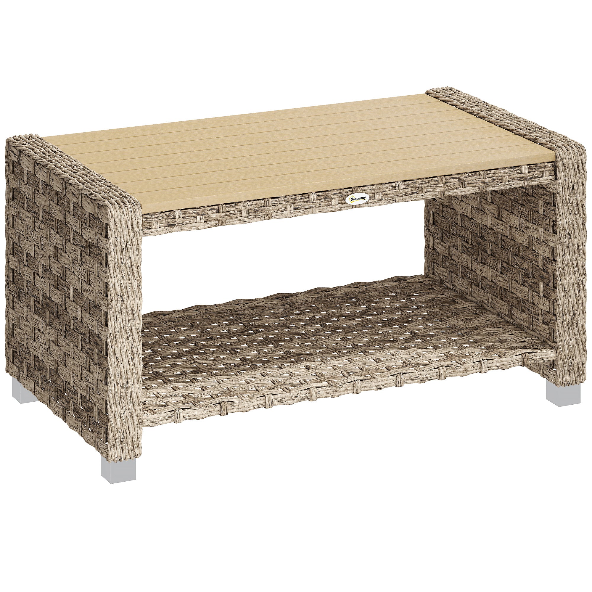 Outsunny Outdoor Coffee Table with Storage Shelf, PE Rattan Side Table with Slatted Top and Foot Pads, Light Brown 