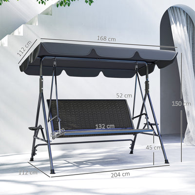 Outsunny 3 Seater Swing Chair, Garden Swing Seat Bench with Adjustable Canopy, Rattan Seat and Steel Frame for Patio, Yard, Grey 