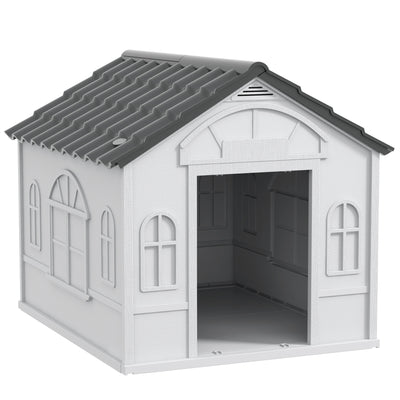 PawHut Plastic Weather-Resistant Dog House, for Indoors and Outdoors, Medium Dogs - Grey 