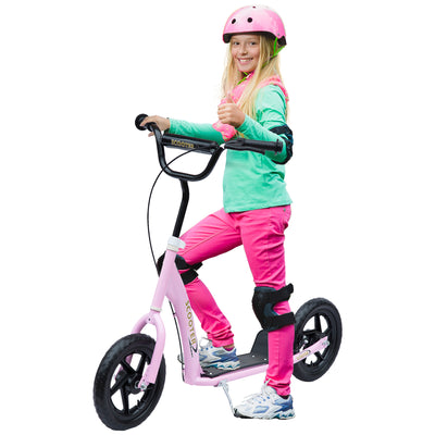 HOMCOM Kids Scooter Kick Scooter with 12" EVA Tyres, Rear Brake, Big Wheels Scooter for 5-12 Years Old, Pink 