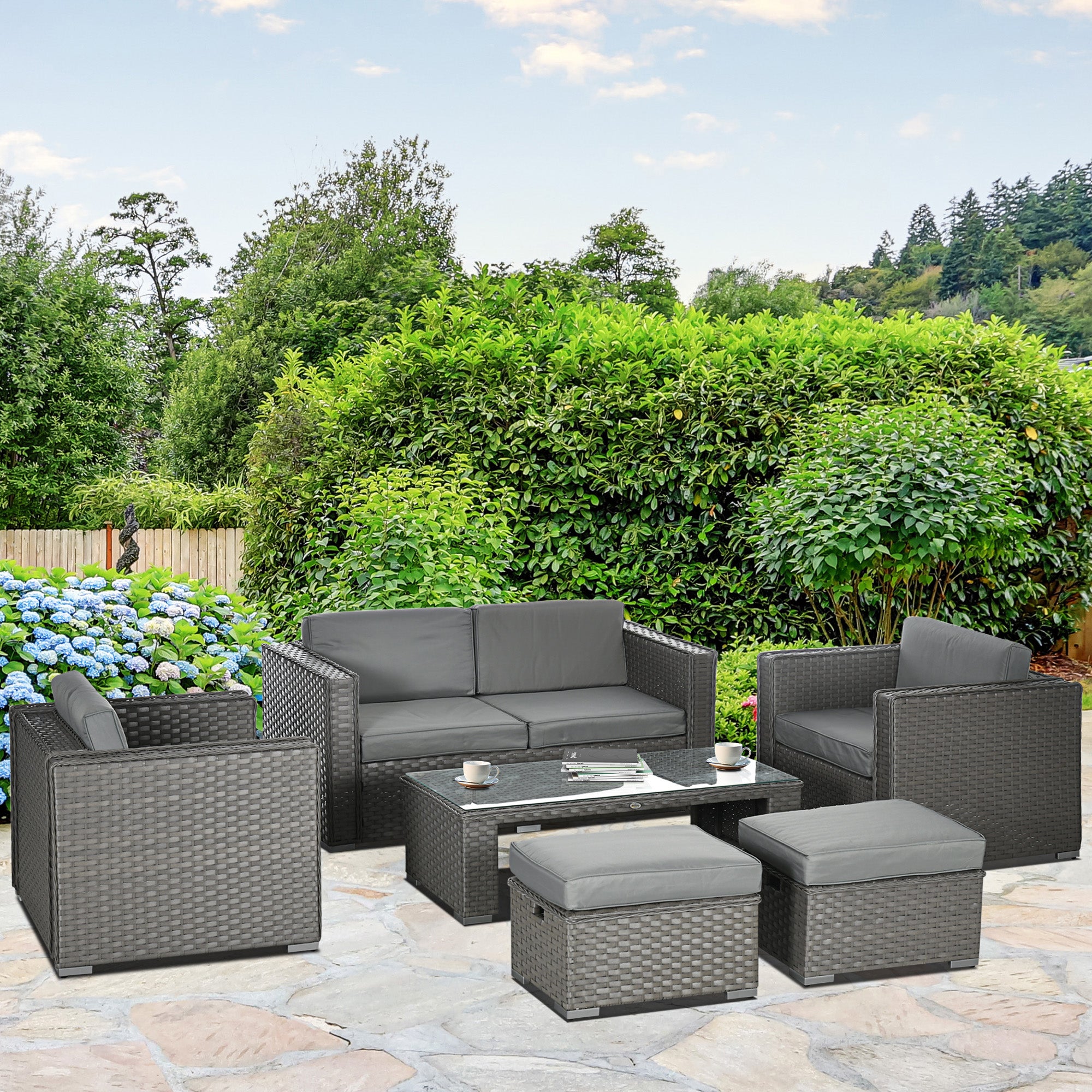 Outsunny 6PC Garden Rattan Sofa Set Bonzer Outdoor Furniture Patio Table Loveseat Stool Lounging Ottoman Aluminium Frame Wicker Weave Conservatory Grey 