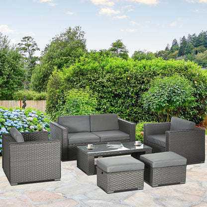 Outsunny 6PC Garden Rattan Sofa Set Bonzer Outdoor Furniture Patio Table Loveseat Stool Lounging Ottoman Aluminium Frame Wicker Weave Conservatory Grey 