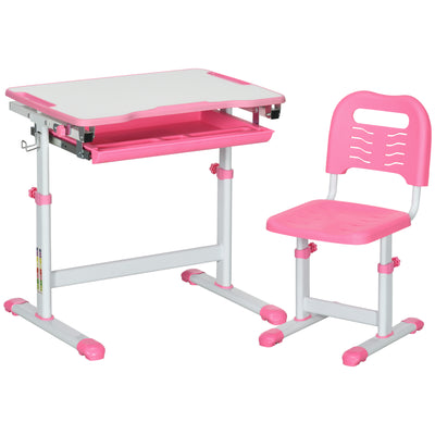 HOMCOM Kids Desk and Chair Set, Student Adjustable Writing Desk, with Drawer, Pen Slot, Hook - Pink 