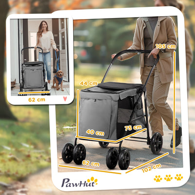 PawHut Dog Pram Dog Stroller 4 Wheels Pet Pushchair with Rolling Door, Cushion, Safety Leashes, for Small and Medium Dogs, Grey 