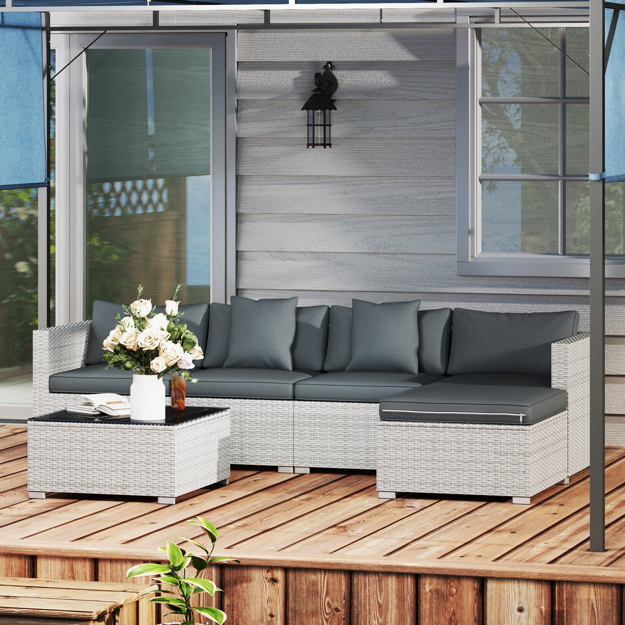 Outsunny 6 Pieces Rattan Corner Sofa Set - Mixed Grey 