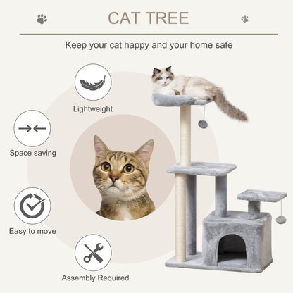 PawHut Cat Tree Tower for Indoor Cats 114cm Climbing Activity Centre Kitten with Sisal Scratching Post Perch Hanging Ball Condo Toy Light Grey 