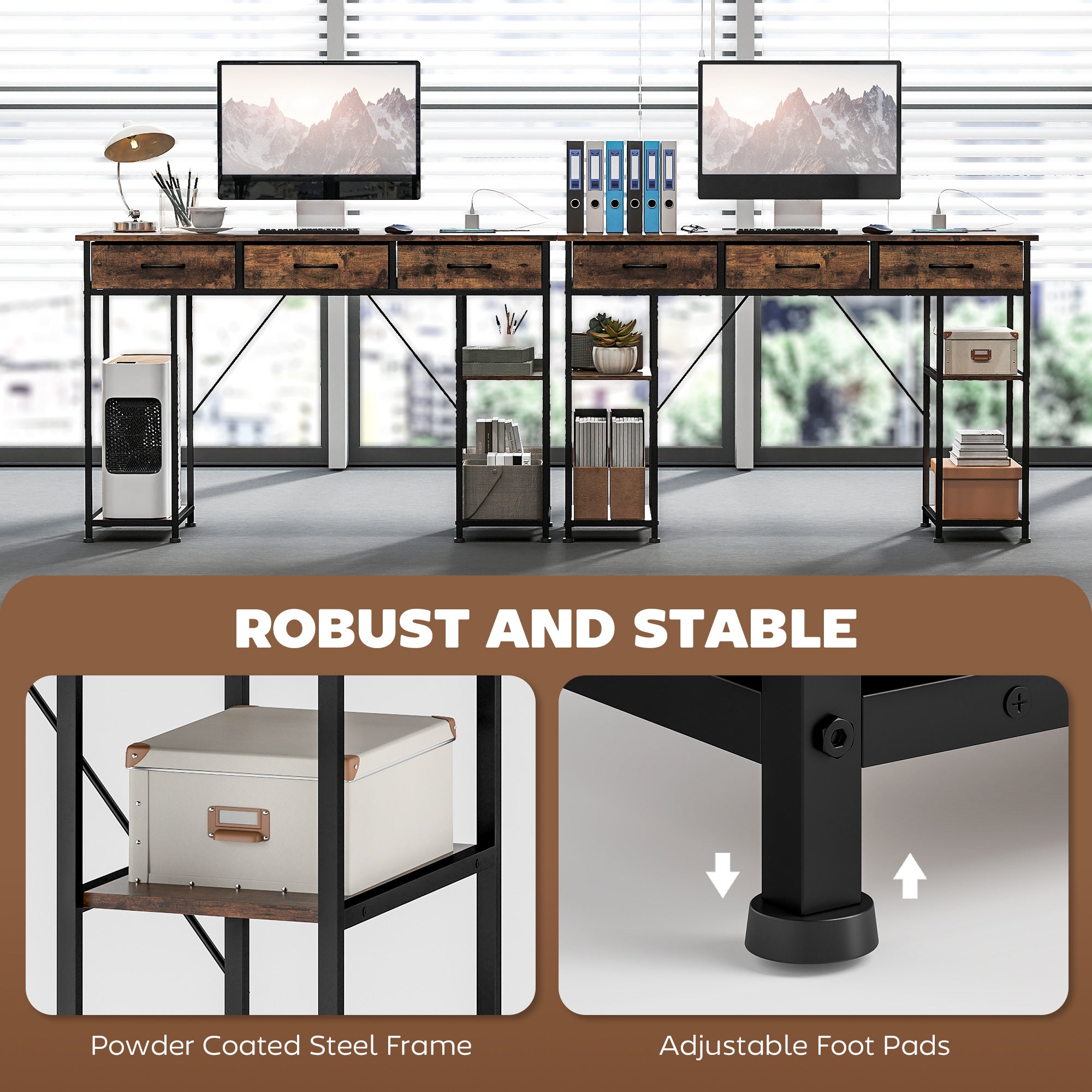 HOMCOM 120cm Computer Desk with Power Outlets, Office Desk Study Table with Fabric Drawers and Storage Shelves, Rustic Brown