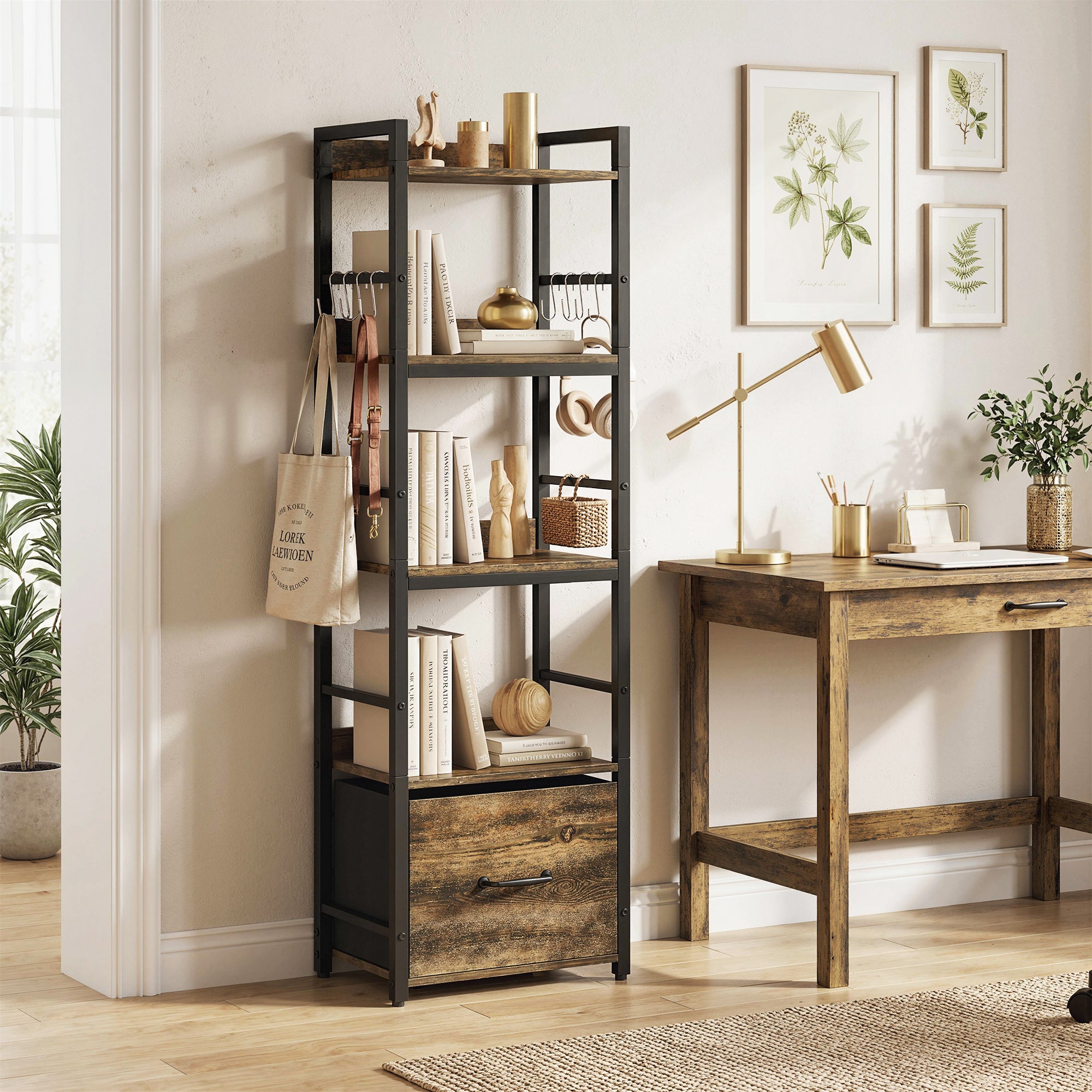 HOMCOM 4-Tier Bookshelf, Narrow Bookcase with Drawer, 8 Hooks, Metal Frame, Rustic Brown 