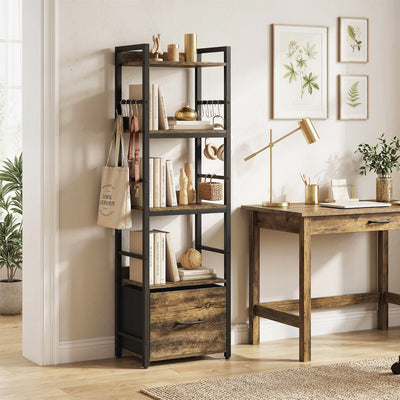 HOMCOM 4-Tier Bookshelf, Narrow Bookcase with Drawer, 8 Hooks, Metal Frame, Rustic Brown 