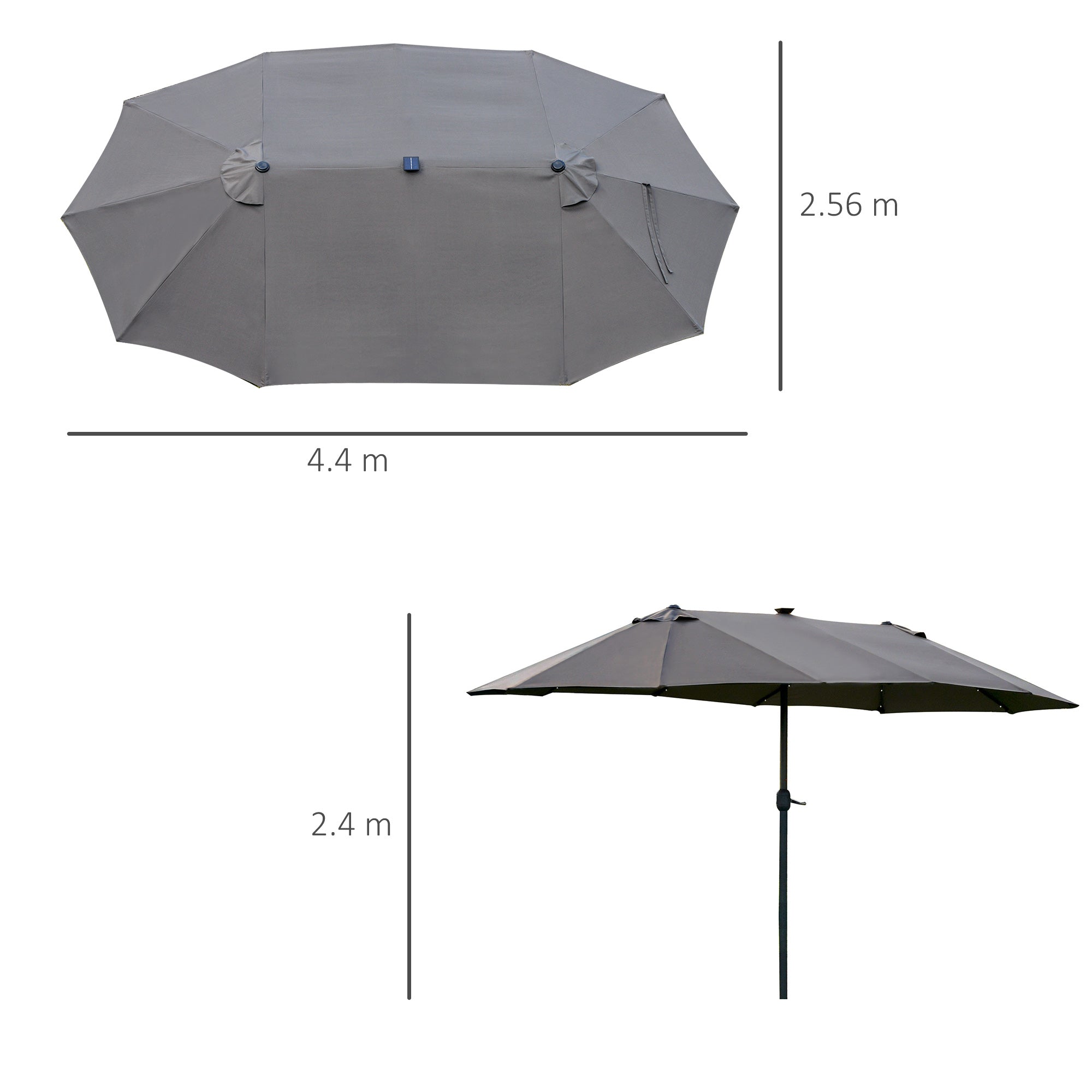 Outsunny 4.4m Double-Sided Sun Umbrella Patio Parasol LED Solar Lights Dark Grey 