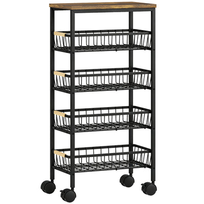 HOMCOM Metal Kitchen Trolley, 4-Tier Storage Trolley with Pull-Out Baskets and 4 Swivel Casters for Kitchen, Rustic Brown