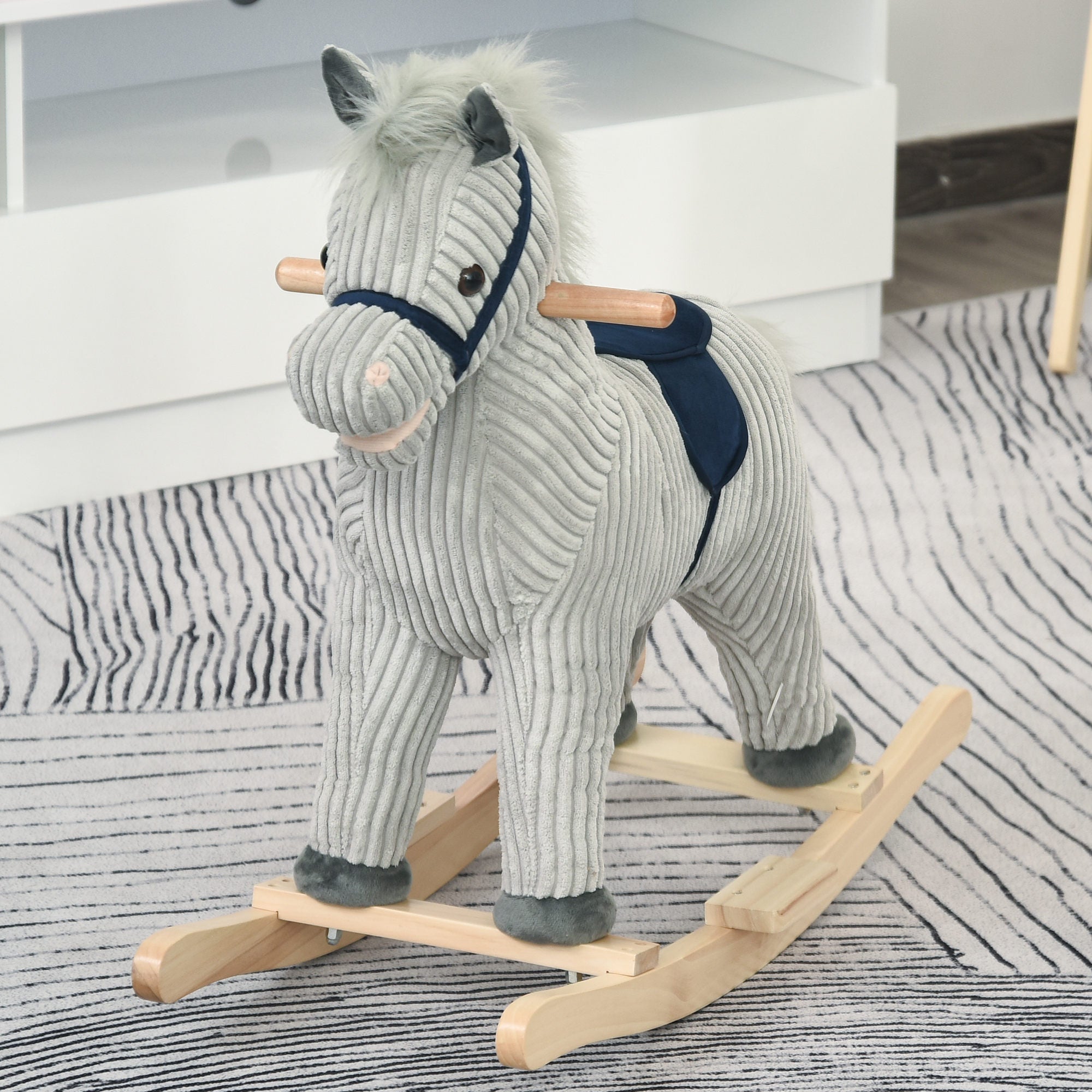 HOMCOM Kids Plush Rocking Horse w/ Sound Children Rocker Ride On Toy Gift 3-6 Years Grey 