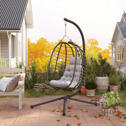 Outsunny Rattan Hanging Egg Chair, Foldable Wicker Hammock Swing Chair with Cushion, Stand, Adjustable Height, Head Pillow, Steel Frame for Garden Patio Indoor Outdoor, Light Grey
