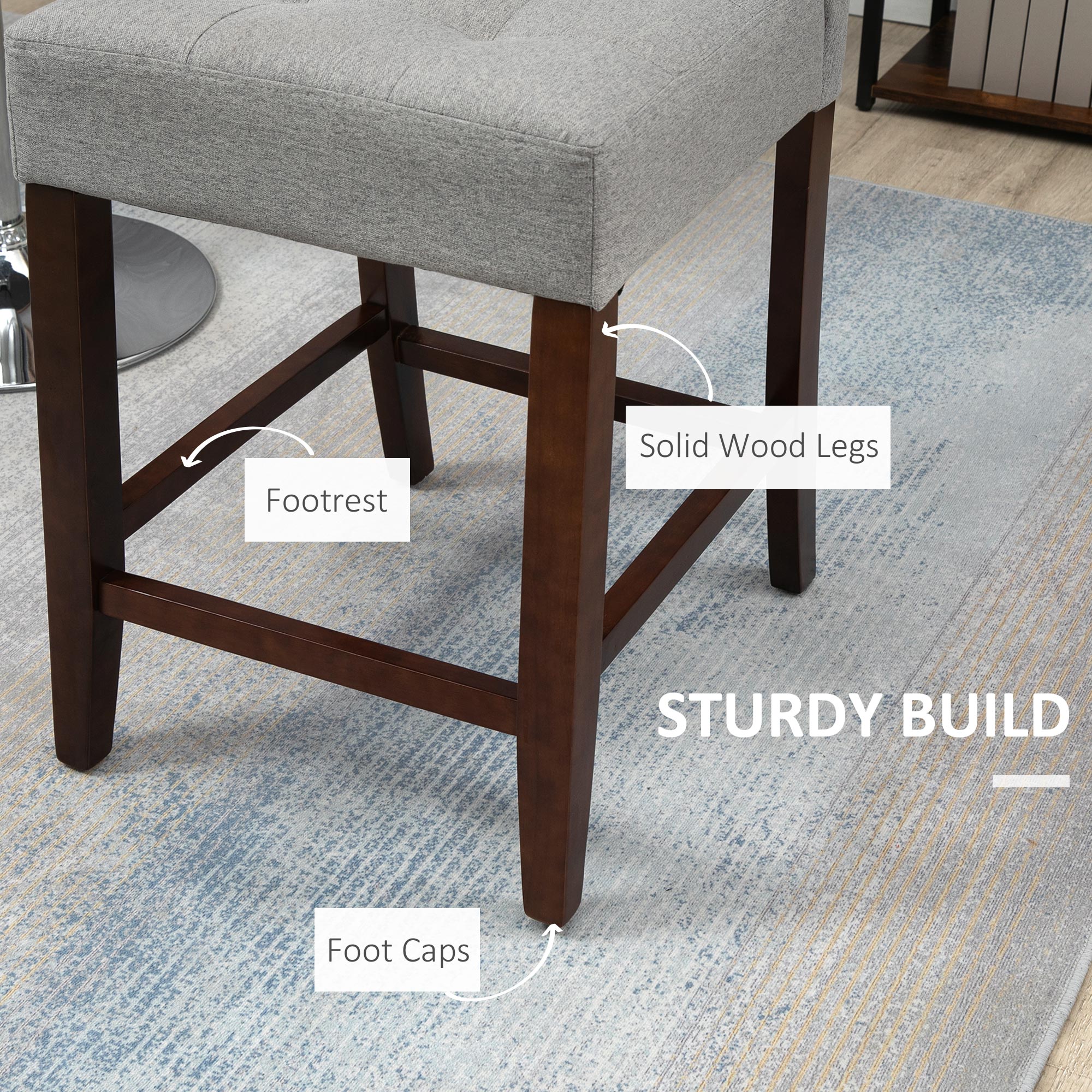 HOMCOM Modern Fabric Bar Stools Set of 2, Thick Padding Kitchen Stool, Bar Chairs with Tufted Back, Wood Legs, Grey 