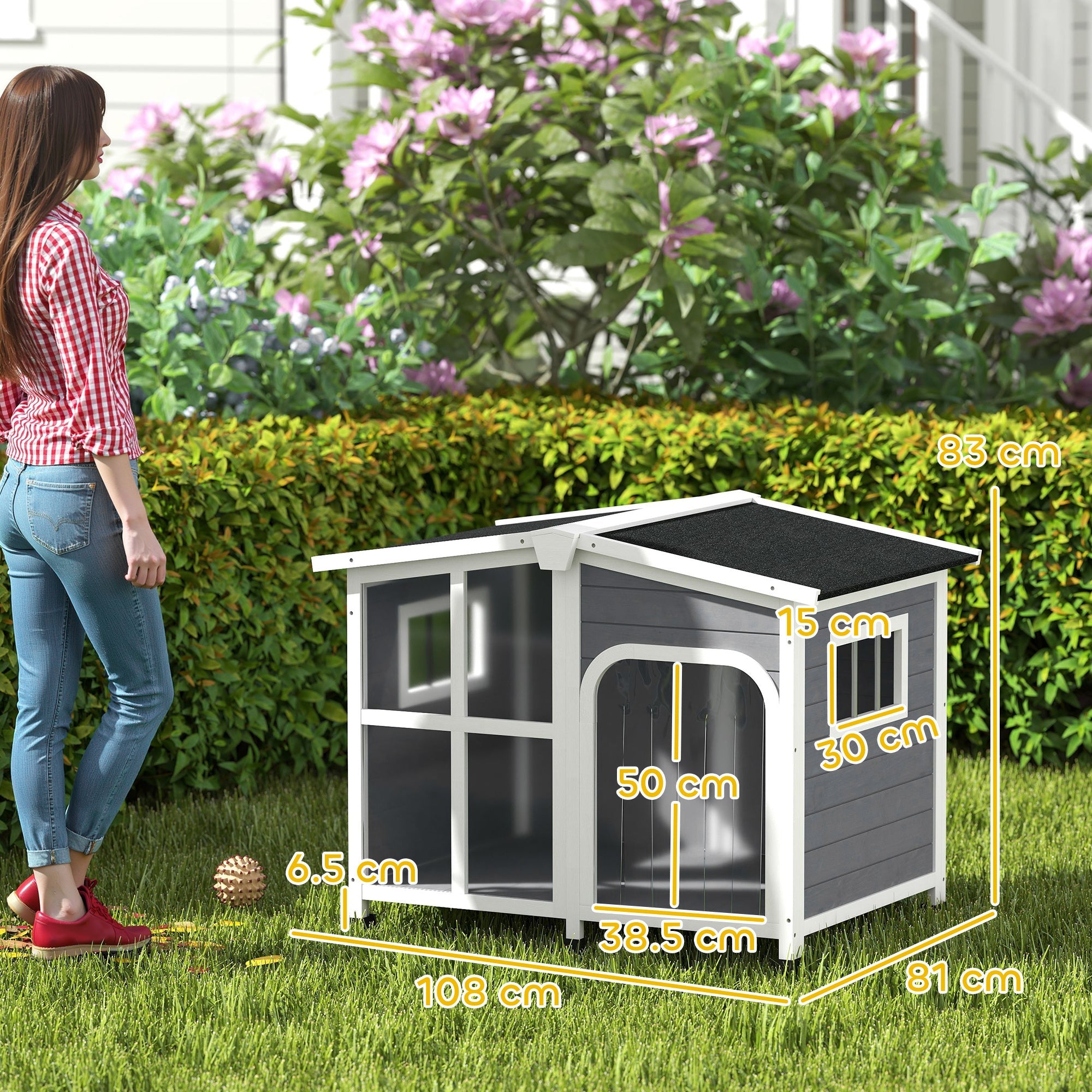 PawHut Wooden Dog Kennel with Removable Floor, Asphalt and Openable Roof, Giant Window for Large Dogs, Charcoal Grey 