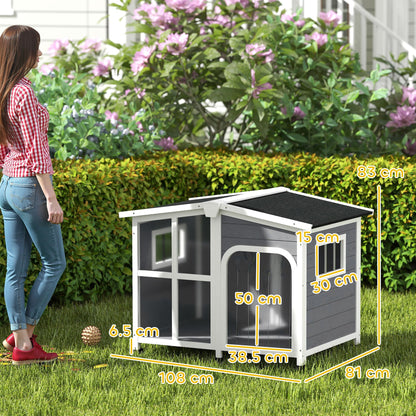 PawHut Wooden Dog Kennel with Removable Floor, Asphalt and Openable Roof, Giant Window for Large Dogs, Charcoal Grey 
