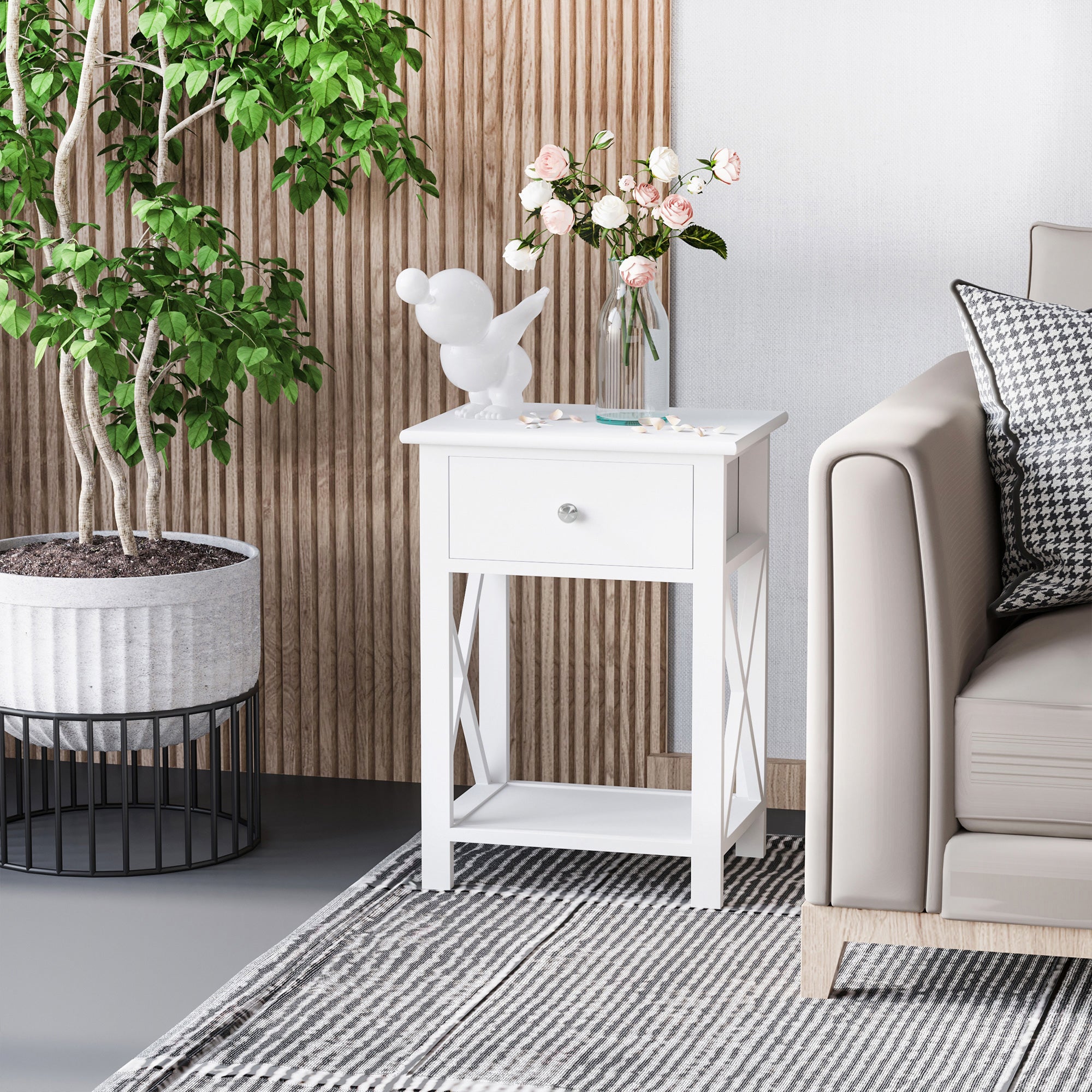 HOMCOM End Table, Sofa Side Table with Drawer X Bar Bottom Storage Shelf, Nightstand Bedside Table for Bedroom or Living Room White 