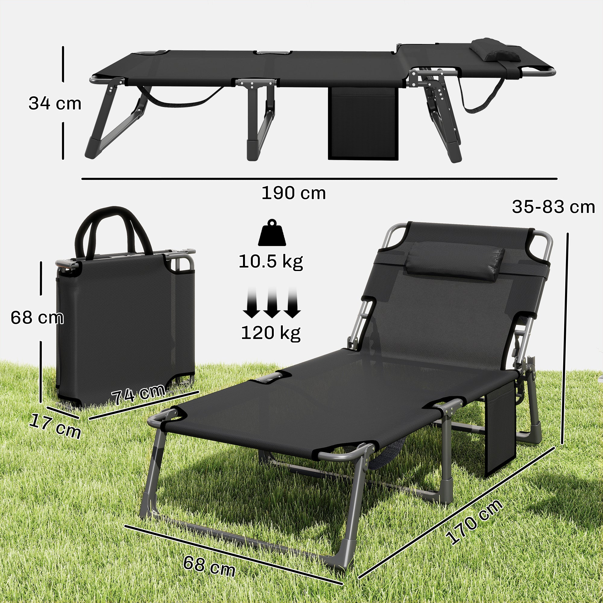 Outsunny Folding Sun Loungers for Garden Set of 2, 5-Position Oversized Camping Bed Recliner with Cushions, Blue 