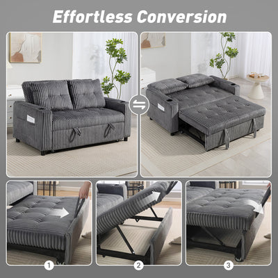 HOMCOM 2 Seater Click Clack Sofa Bed with Pull Out Design, Corduroy Upholstery - Charcoal Grey 