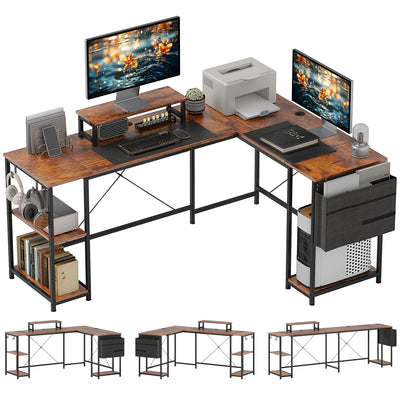 HOMCOM 168cm Reversible L Shaped Desk, Industrial Corner Computer Desk with Adjustable Shelf and Storage Bag, 240cm 2 Person Desk with Monitor Stand, Rustic Brown 
