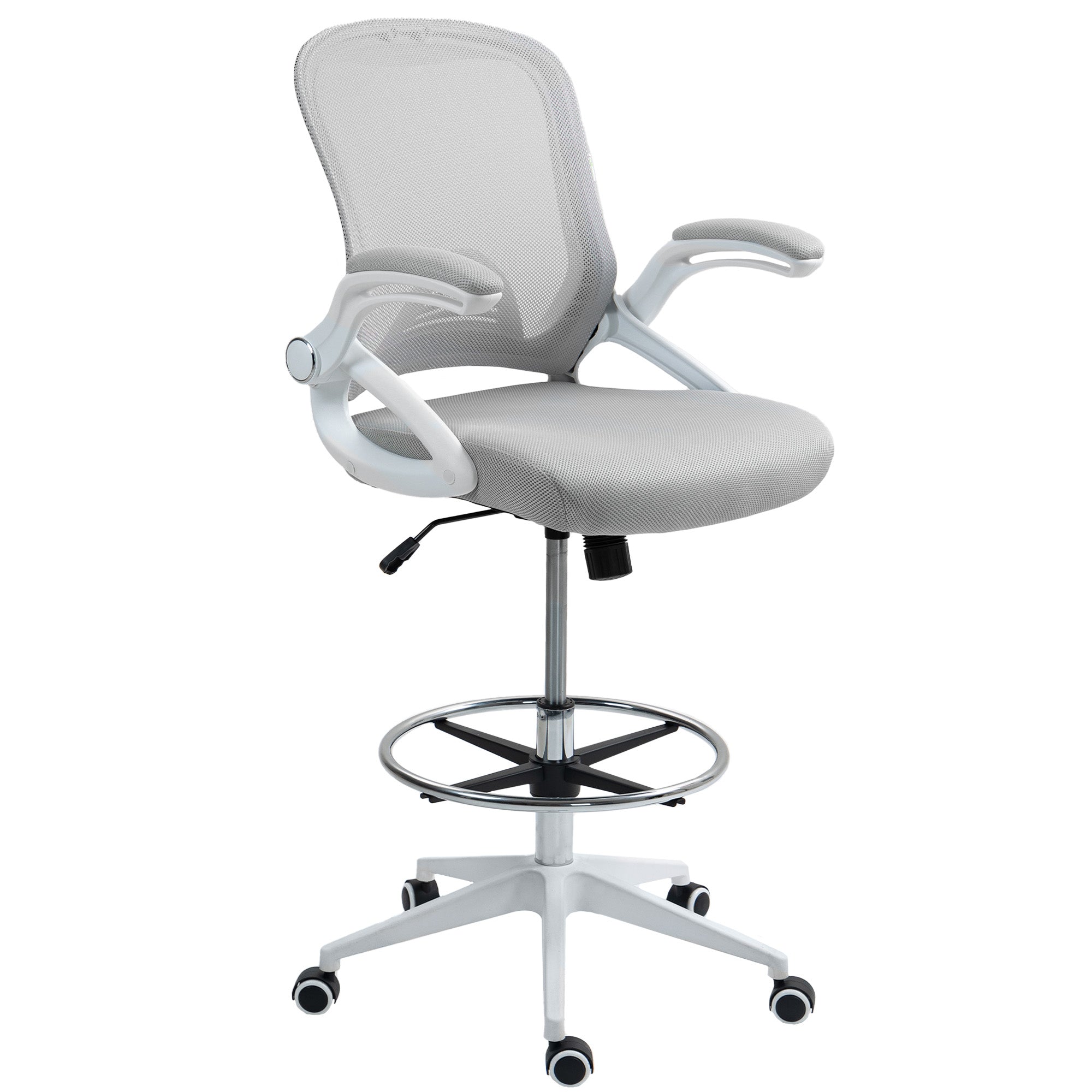Vinsetto Drafting Chair with Flip-up Armrest, Mesh Office Stool with Foot Ring, 360° Swivel Height Adjustable Chair for Standing Desk, Light Grey 