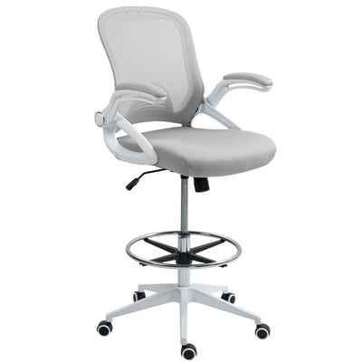 Vinsetto Drafting Chair with Flip-up Armrest, Mesh Office Stool with Foot Ring, 360° Swivel Height Adjustable Chair for Standing Desk, Light Grey 