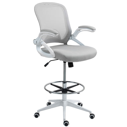 Vinsetto Drafting Chair with Flip-up Armrest, Mesh Office Stool with Foot Ring, 360° Swivel Height Adjustable Chair for Standing Desk, Light Grey 
