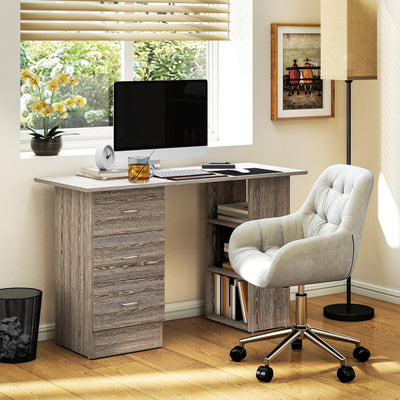 HOMCOM Computer Desk, Writing Table, PC Workstation with 3 Storage Shelves and Drawers, Silver Handle, for Home Office, Grey 