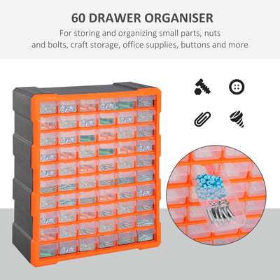 DURHAND 60 Drawers Parts Organiser Wall Mount Storage Cabinet Garage Small Nuts Bolts Tools Clear Orange 
