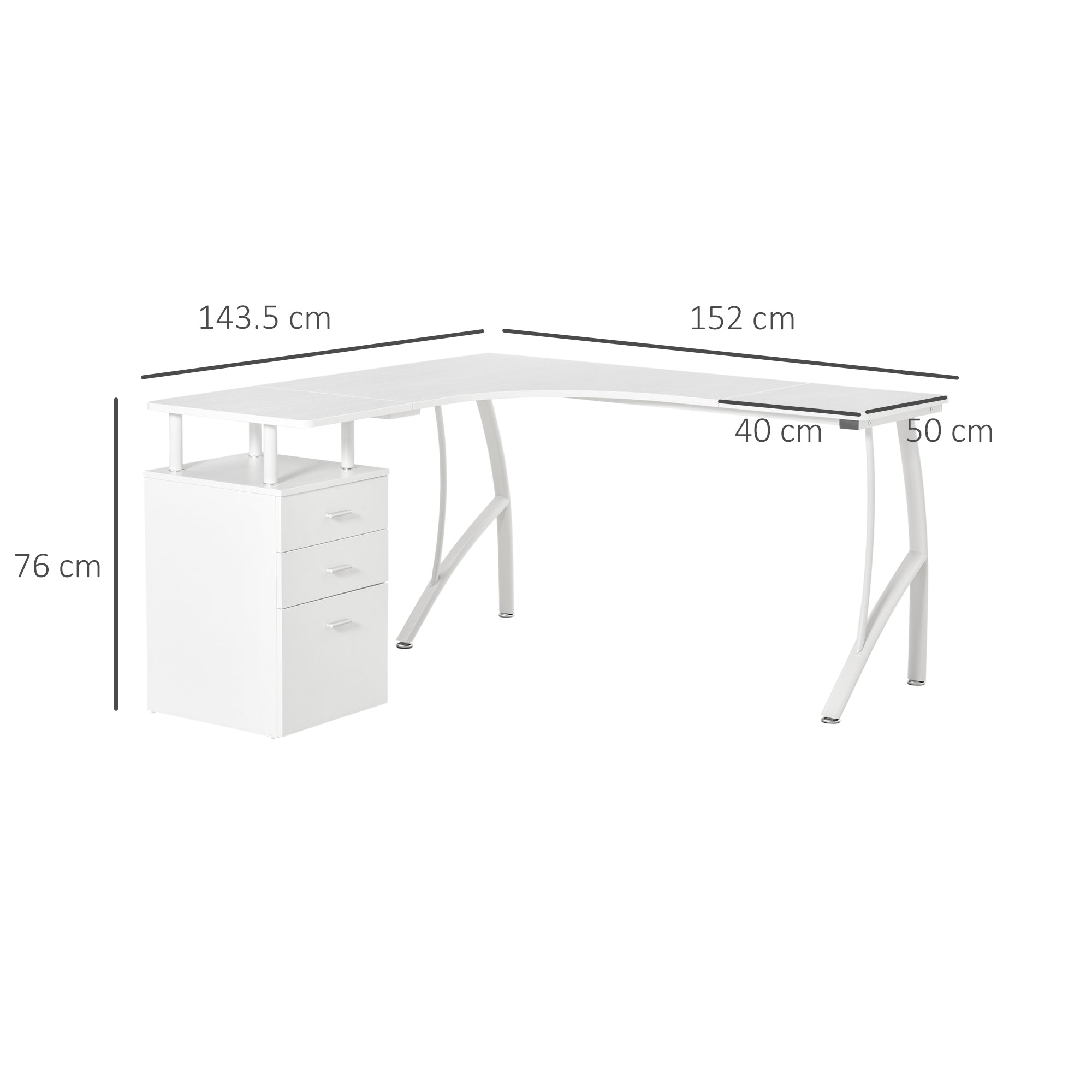 HOMCOM L-Shaped Computer Desk Table with Storage Drawer, Home Office Desk Corner Industrial Style Workstation for A4 Files 143.5 x 143.5 x 76cm, White 