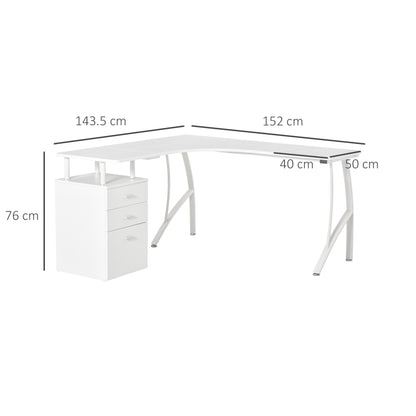 HOMCOM L-Shaped Computer Desk Table with Storage Drawer, Home Office Desk Corner Industrial Style Workstation for A4 Files 143.5 x 143.5 x 76cm, White 
